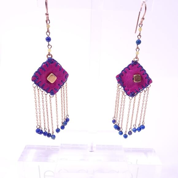 Lee Angel Neiman Marcus Purple Navy Leather Beaded Drape Earrings NWT 168 - Picture 3 of 8